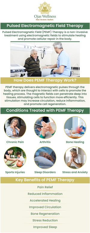 At Ojas Wellness, Dr. Atousa Mahdavi offers Pulsed Electromagnetic Field (PEMF) therapy to help improve circulation, reduce pain, and promote healing. This non-invasive therapy uses electromagnetic fields to stimulate cells, supporting your body’s natural recovery processes. Whether you’re dealing with chronic pain, inflammation, or simply looking to improve overall well-being, PEMF therapy can offer significant benefits. For more information or to schedule a session, contact us today. We are conveniently located at 411 N Central Ave #110, Glendale, CA 91203. At Ojas Wellness, Dr. Atousa Mahdavi offers Pulsed Electromagnetic Field (PEMF) therapy to help improve circulation, reduce pain, and promote healing. This non-invasive therapy uses electromagnetic fields to stimulate cells, supporting your body’s natural recovery processes. Whether you’re dealing with chronic pain, inflammation, or simply looking to improve overall well-being, PEMF therapy can offer significant benefits. For more information or to schedule a session, contact us today. We are conveniently located at 411 N Central Ave #110, Glendale, CA 91203.