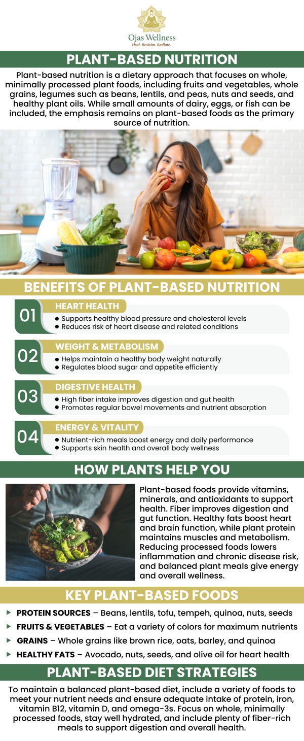 Discover the transformative benefits of plant-based nutrition and how it can improve your overall health and well-being. A diet rich in whole, plant-based foods provides essential nutrients that support your immune system, enhance digestion, and boost energy levels. Dr. Prema Kothandaraman at Ojas Wellness guides you in adopting a balanced plant-based diet that’s tailored to your unique health needs. For more information, contact us today or book an appointment online. We are conveniently located at 411 N Central Ave #110 Glendale, CA 91203.